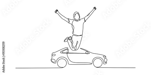 Continuous line drawing of a happy man jumping above a car in celebration of a new purchase. Vector, illustration