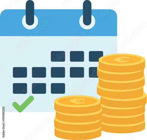 Financial Planning Calendar with Euro Coins and Checkmark Icon