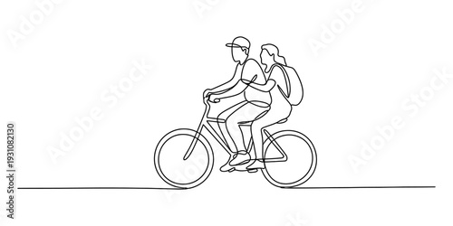 Continuous line drawing of a young couple riding a bicycle together on a simple path. Vector, illustration