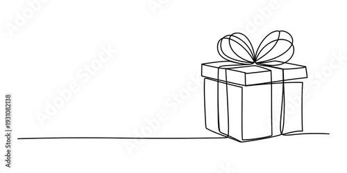 Continuous line drawing of a simple gift box with a ribbon and bow on a white background Vector, illustration