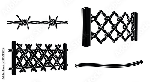 Barbed wire fence variations vector illustration, woven hedge, accordion, and single smooth wire.