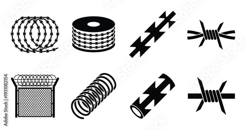 Barbed wire illustrations, fence elements and razor wire coil, security and protection designs, safety concept