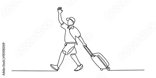 Continuous line drawing of a man walking with a suitcase and waving his hand Vector, illustration