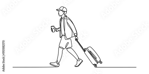 Continuous line drawing of a traveler walking with a rolling suitcase and a coffee cup Vector, illustration