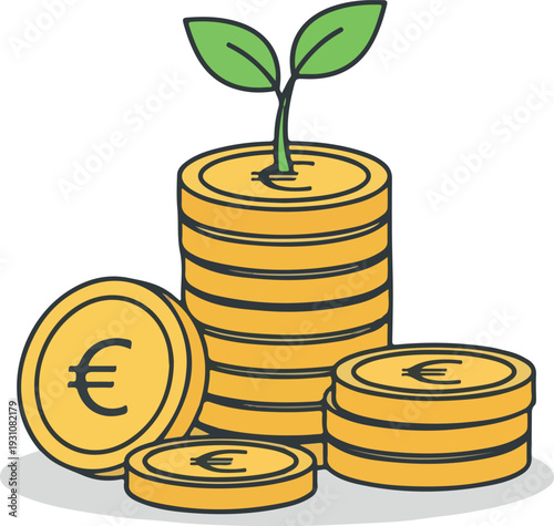 Euro Coin Stacks with Growing Plant Representing Financial Growth