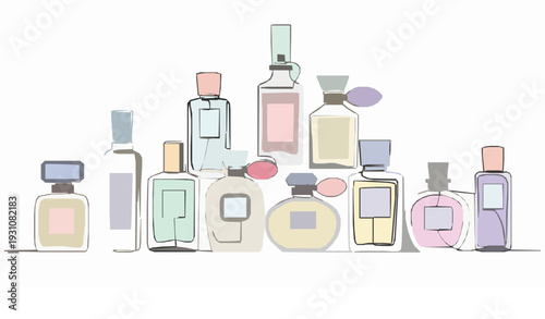 Continuous line perfume bottle collection with color accents