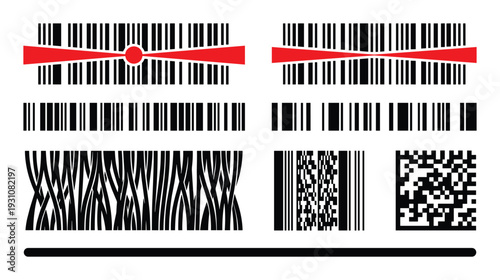 Barcode types illustration, linear, matrix and curved barcodes with a red laser scanning the codes