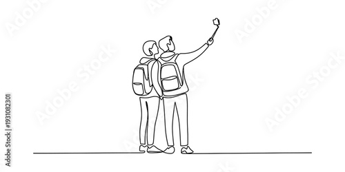 Continuous line drawing of two backpackers taking a selfie together while hiking outdoors Vector, illustration