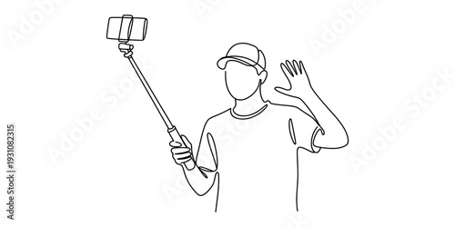 Continuous line drawing of a young man taking a selfie with a phone on a stick while waving. Vector, illustration