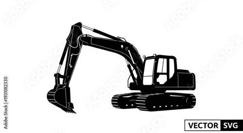 Black Excavator Silhouette on White Background - Construction Vehicle Vector