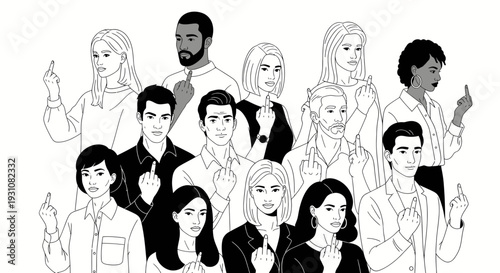 Diverse group of people showing middle finger, protest, defiance, anger, illustration