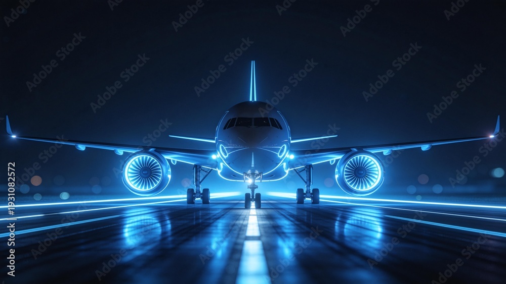 Fototapeta premium Airliner on runway with neon lights