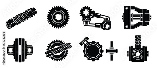 Black and white mechanical parts gears and worm drives engineering vector illustration