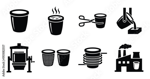 Black and white metallurgy process icons set, with melting pot, factory and mold. Manufacturing and industry symbols.