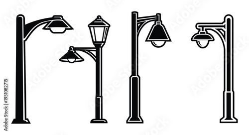 Black and white street lamps vector set, various styles of classic outdoor lighting fixtures illustrations