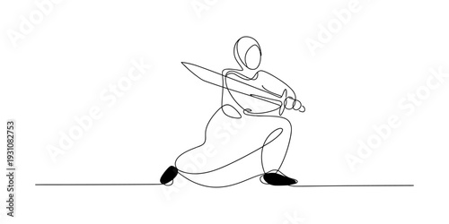 Minimalist line drawing of a fencer in a dynamic lunging pose holding a sword or foil Vector, illustration