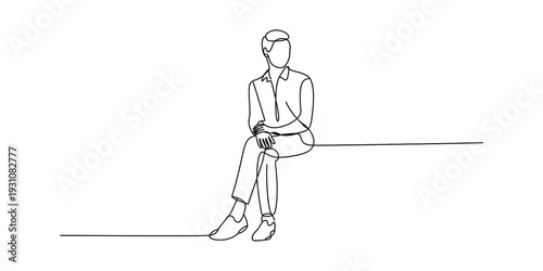 A continuous single line drawing of a man sitting on a ledge looking away from the camera. Vector, illustration