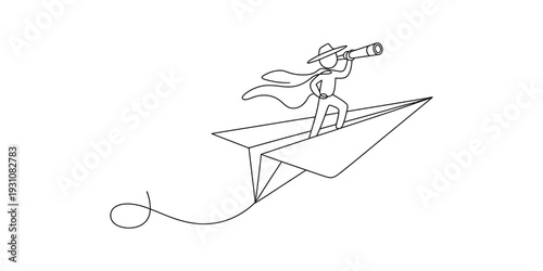 Hand drawn sketch of a person wearing a cape standing on a paper airplane and using a telescope. Vector, illustration