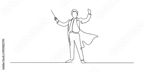 Continuous line drawing of a music conductor holding a baton and leading an orchestra performance. Vector, illustration