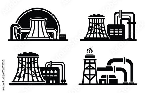 Black silhouette of four industrial plants with cooling towers and pipe systems vector design
