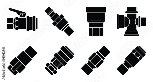 Black silhouette plumbing fittings and connectors vector set illustration.