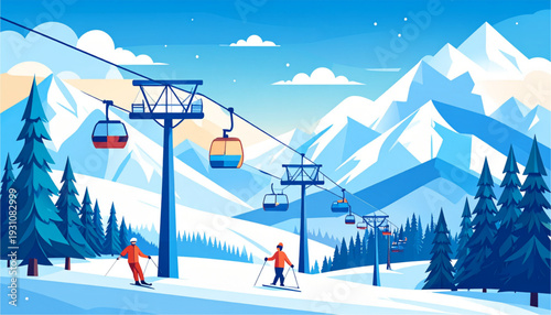 Scenic winter landscape with ski lift and snowy mountain peaks under a clear sky isolated on transparent background