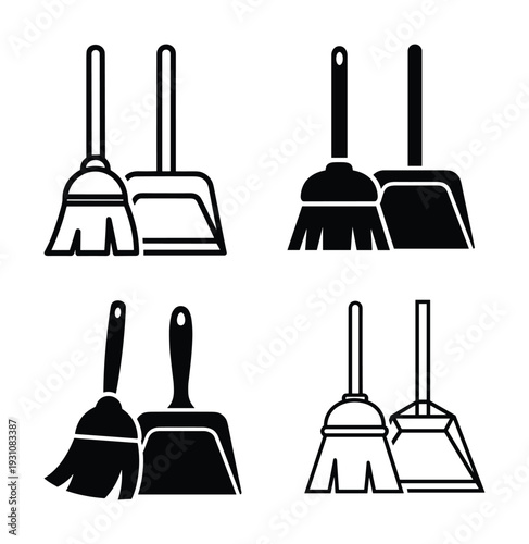 Broom and dustpan cleaning tool icons in black and white vector illustration set for domestic hygiene