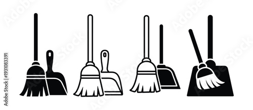 Broom and dustpan icons set. Cleaning equipment vector illustrations in black and white colors