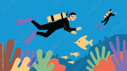 Divers swimming fish coral reef ocean