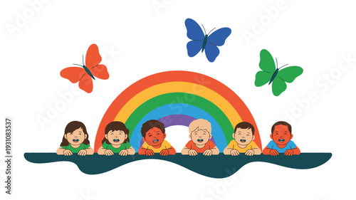 Diverse children rainbow butterflies cheerful illustration