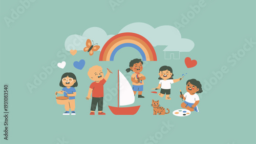 Diverse children playing creative illustration