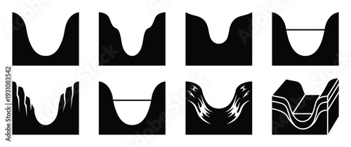 Canyon Valley Shapes Set, Eight Valley Icons, River Valley, Mountain Landscape, Dry Land Design, Nature Adventure