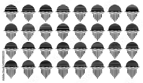 Large Set of Black Retro Sunset Silhouettes with Long Water Reflection Vector Collection