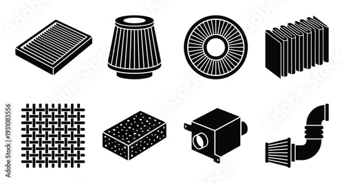 Car Air Filter Set Vector Illustration, Engine Air Filters, Automotive Parts in Top, Side, Isometric Views
