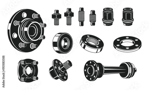 Car and Truck Parts Vector Illustration Set. Automotive Mechanical Components and Hardware isolated on white.