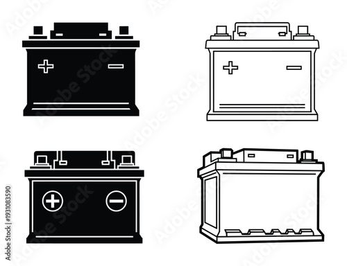 Car Battery Vector Icons, Automotive Power Source Illustration, Battery Terminals and Connectors, plus minus signs