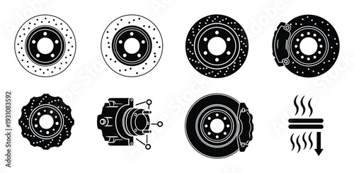 Car brake disc rotor and caliper vector set. Automotive braking system diagram illustration.