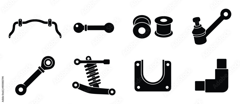 Fototapeta premium Car suspension parts vector set. Sway bar, tie rod, bushings, ball joint and strut components.