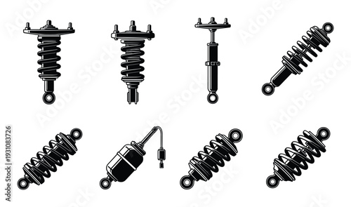 Car shock absorbers set, vehicle suspension parts vector illustrations, isolated auto components for repair and upgrade