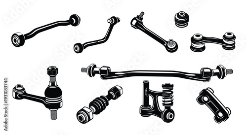 Car suspension parts vector set, including control arms, stabilizer bar, and ball joints, in black and white style