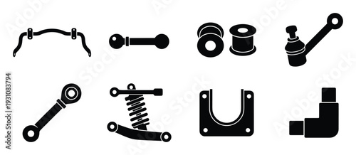 Car suspension parts vector set. Sway bar, tie rod, bushings, ball joint and strut components.