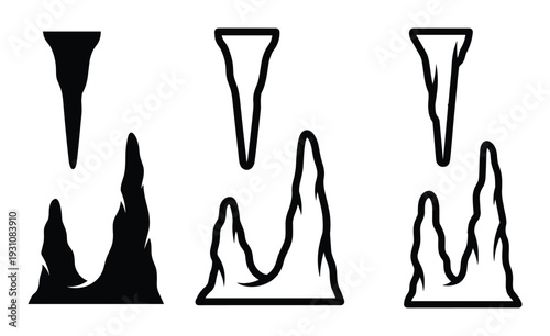 Cave stalactites and stalagmites icon set, cave formations vector illustration, isolated cave speleothems icons
