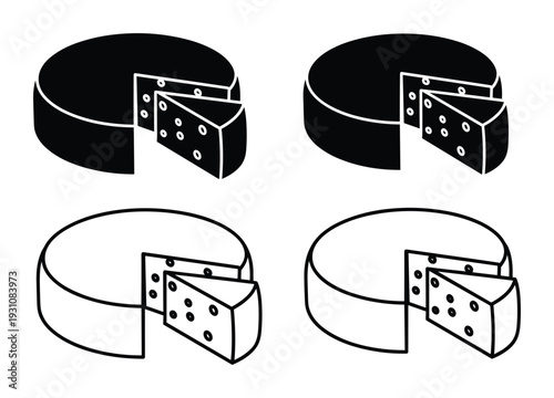 Cheese wheel vector illustration, Swiss cheese with holes and wedge, dairy product symbol, food outline, black and white drawings