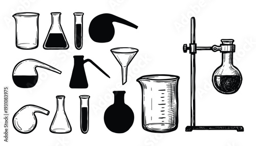 Chemistry glassware collection. Beakers, flasks, test tubes and funnel, vector illustration