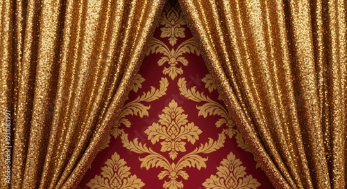 Opulent Stage Presentation Revealing Ornate Red and Gold Backdrop with Sequin Curtain Decoration for Grand Cultural Show Presentation with Elegance and Refinement Decor