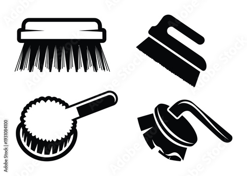 Cleaning brushes vector illustration, diverse collection of cleaning tools in black and white, home hygiene equipment
