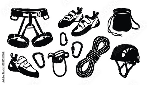 Climbing equipment vector illustration including harness, shoes, chalk bag, rope, carabiners, belay device and helmet.