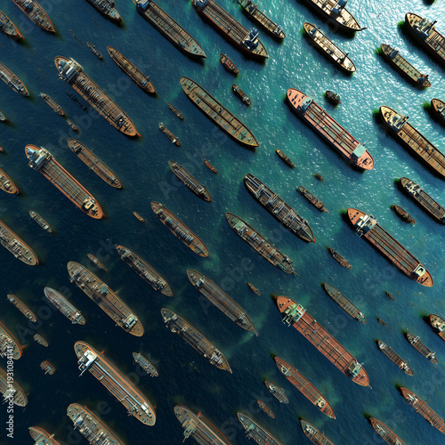 Aerial view. Many oil tankers piled up in the Persian Gulf due to blockade by warships.