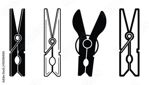 Clothespins vector illustration set, outline and silhouette design of laundry pegs for hanging clothes
