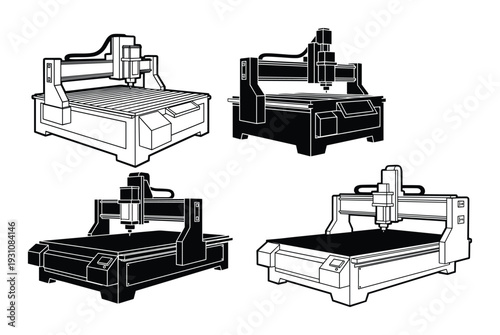 CNC router machines vector illustration set, four different styles of milling machines for industrial work and production
